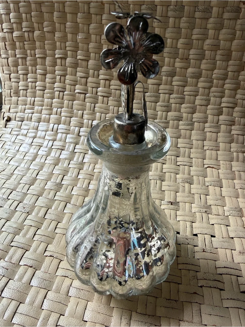 Vintage Mercury Glass Decanter Bottle & Silver Floral Leaves Stopper